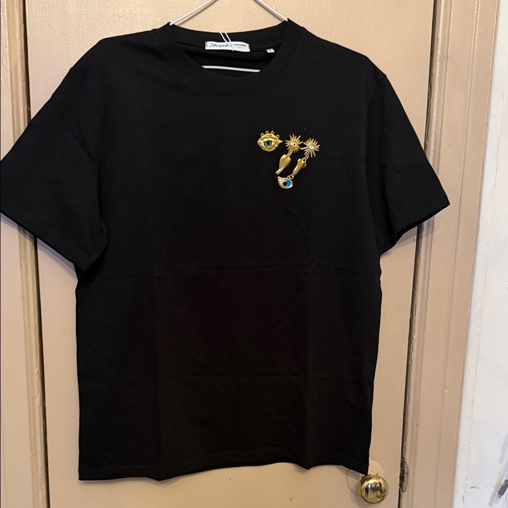 Black Tee with Gold Eye & Hand Embroidered Motifs